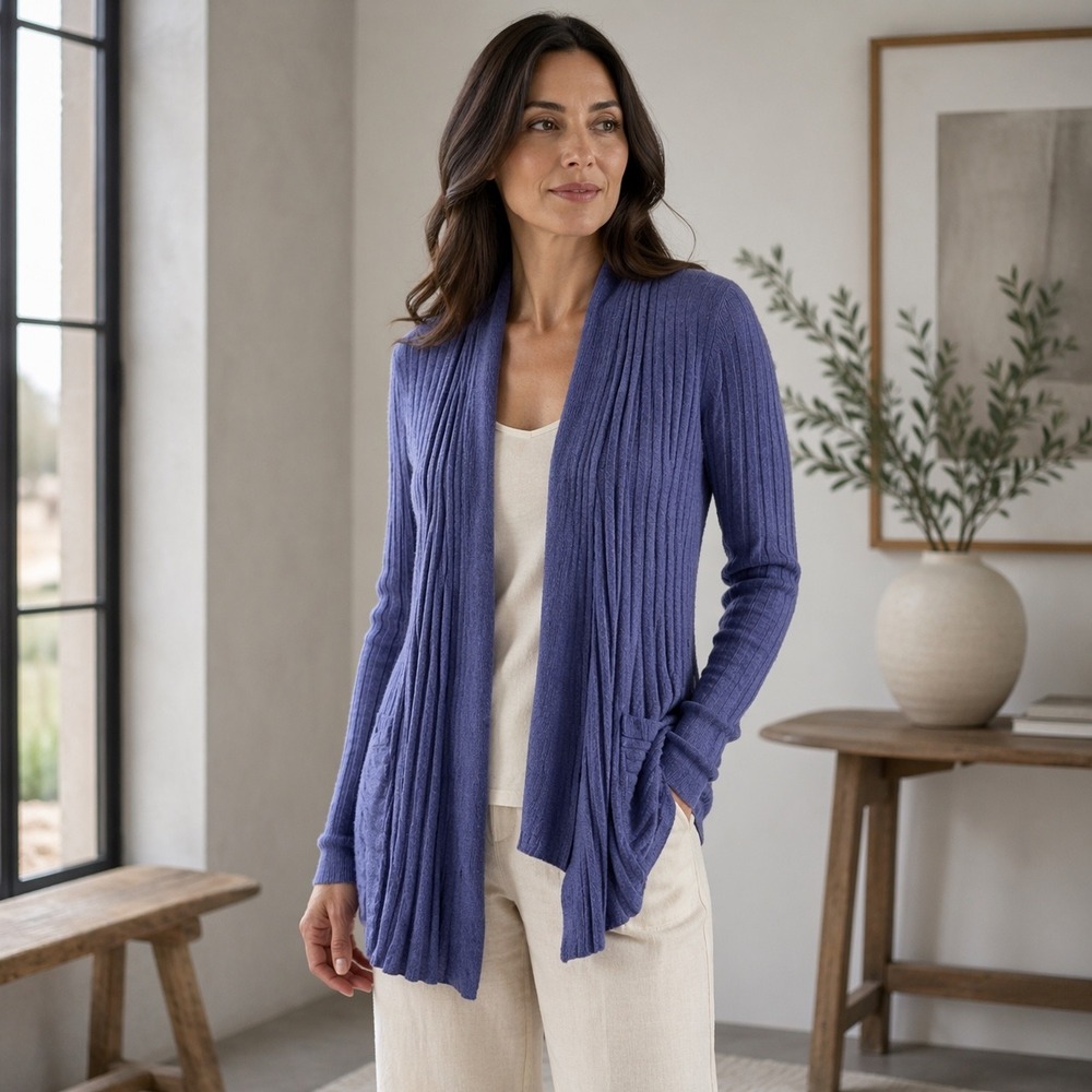 Eileen Fisher Cardigan Womens S/P Blue Merino Alpaca Wool Ribbed Knit Minimalist